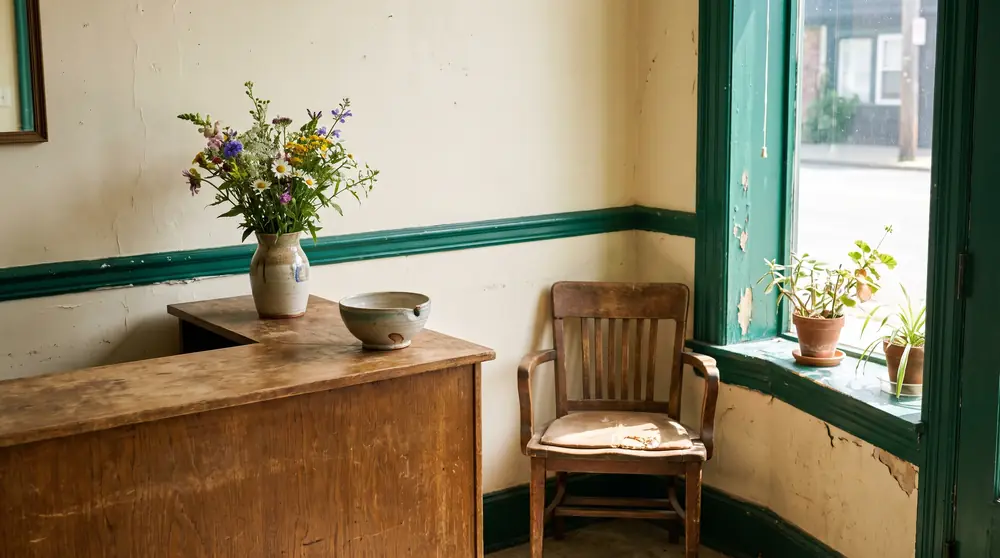 The salon: cream walls with green moulding, fresh flowers and a chair
